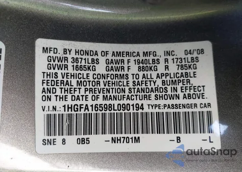 2008 Honda Civic Lx from USA, damaged, VIN 1HGFA16598L090194